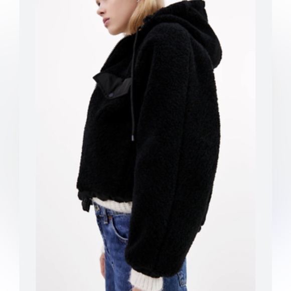 Zara women’s sherpa teddy reversible hooded bomber jacket black size large - Picture 3 of 9